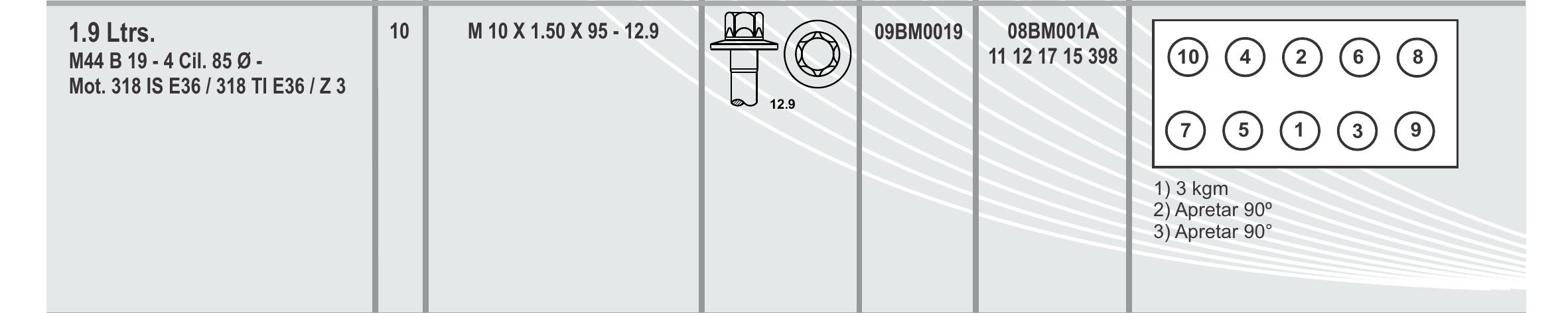 BULON TAPA CILINDRO - 09BM0019 - BMW 1,6/1,8/1,9 L 4 CIL. 316I/G/CI-318I/IS/TI/Z3